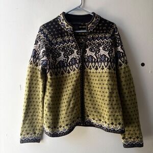 Nomadic Traders Reindeer Fair Isle Full Zip Cardigan Sweater Green Black Large